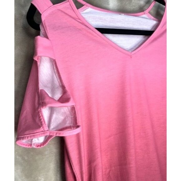 Womens V Neck Short Sleeve Cold Shoulder Cutouts Shirt Light Rose Burgundy, Wine - Picture 10 of 16